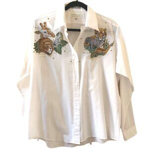 Ann Pollard Resort Collection Womens 14/16 Shirt Safari Jungle Tiger Elephant